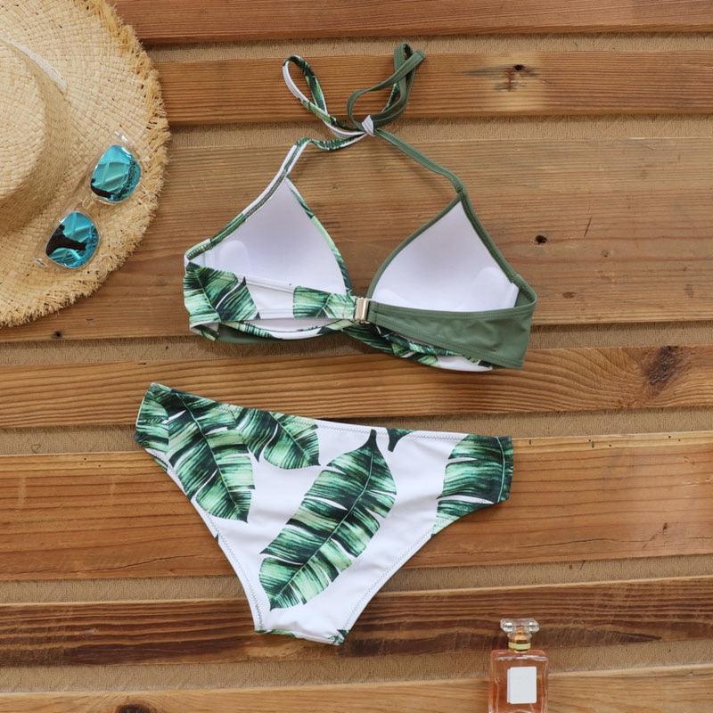 Push Up Women Bikinis Swimwear  Women's Bathing Suits Push Up Halter Bandage Bikini Floral Printing Swim Bottoms Two Piece Swimsuits Women Swimsuits Bathing Suit Halter  Leaf Print Beach Wear Plus Size