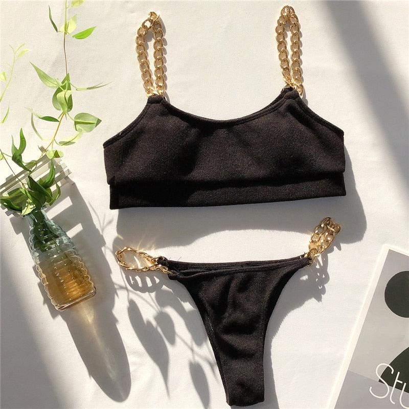 Luxury Black Bikini Set Chain Swimsuit Female Black Swimwear Women Summer Bathing Suit Women V-Wired Underwire Push Up High Cut Bikini Set Two Pieces Bathing Suit