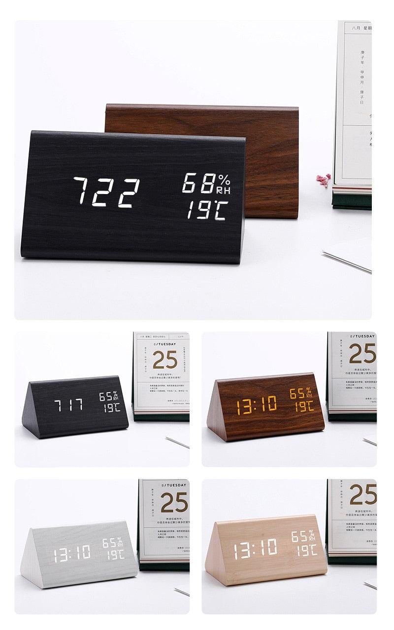 Digital Clock LED Wooden Alarm Clock Digital Alarm Clock with Wooden Electronic LED Time Display 3 Alarm Settings Humidity & Temperature Detect Wood Made Electric Clocks Table Sound Control Electronic Clocks Desktop USB/AAA Powered Home Table Decor