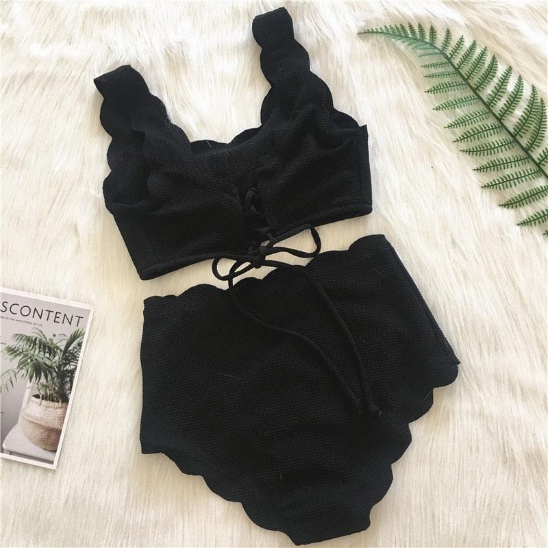 Women Solid Swimwear Female Bathing Suit Scalloped High Waist Bikini Set Two Pieces Women's Solid Color Lace-up High Waist Scoop Collar Padded Bathing Suit