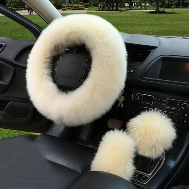 3PCS Fur Steering Wheel Cover Set Real Sheepskin Auto Plush Warm Fluffy Fuzzy Women Winter Fashion Wool Fur Soft Furry Steering Wheel Covers Blue Fluffy Handbrake Cover Gear Shift Cover Fuzz Warm Non-slip Car Decoration Car Accessories for Women Girl