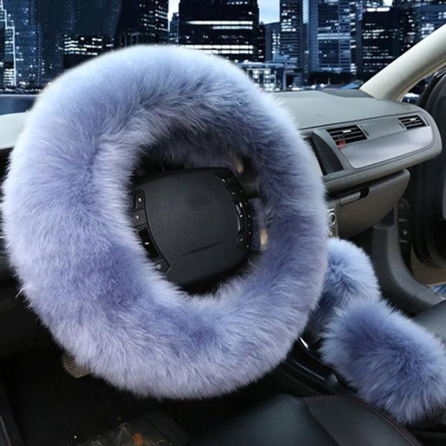 3PCS Fur Steering Wheel Cover Set Real Sheepskin Auto Plush Warm Fluffy Fuzzy Women Winter Fashion Wool Fur Soft Furry Steering Wheel Covers Blue Fluffy Handbrake Cover Gear Shift Cover Fuzz Warm Non-slip Car Decoration Car Accessories for Women Girl