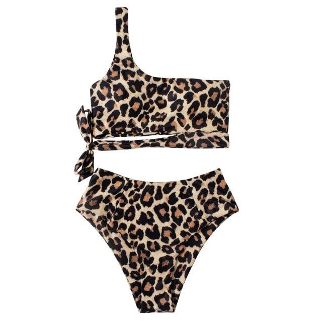 Women Leopard Print Swimsuit Women's Bikini One Shoulder Top High Waist Bottom Two Piece Swimsuits Women Push Up Bikini Set One Shoulder Beachwear Summer Leopard Bathing Suit High Waist Swimwear For Women