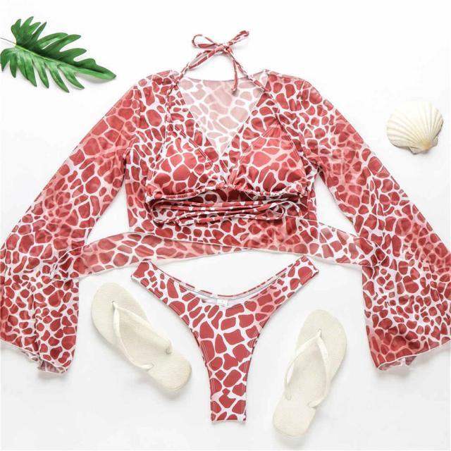 New Bikini Bikini Swimsuit For Women 3 Pieces Set Knot Front Off Shoulder Cover Up with Halter Bikini Sets Bathing Suit Women Swimwear Female Swimsuit Three-pieces Bikini set Halter Bather Bathing Suit Swim Beach Lady