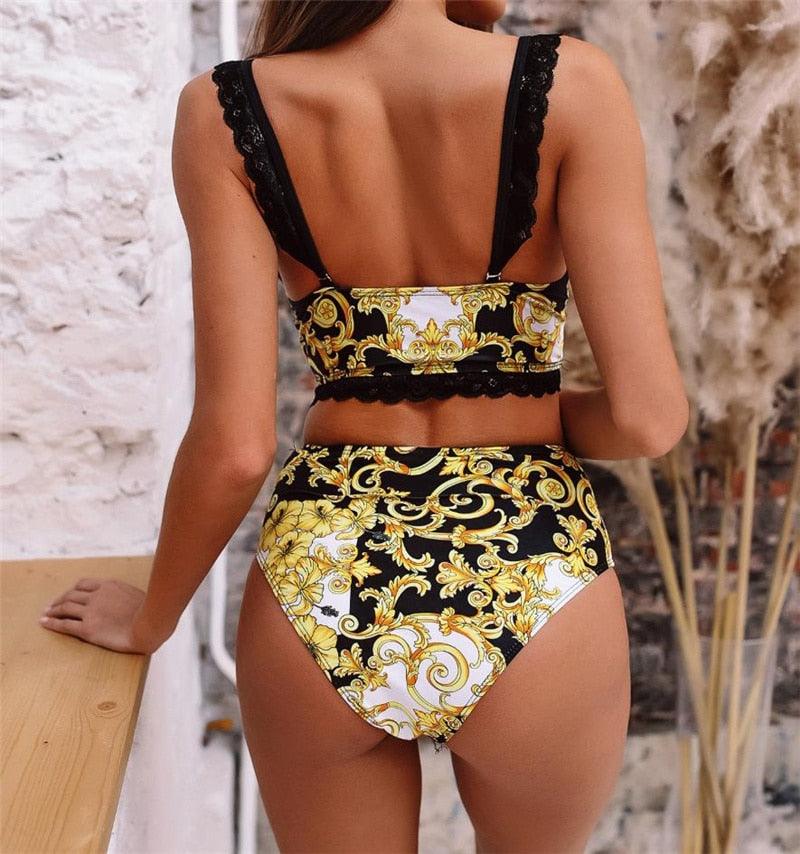 Vintage Black Print Women's Bikini Set Women's Halter Beautiful Print High Waist Swimsuit Bathing Suits Bikini Set Lace Strappy Padded Bra High Waist Bottoms Swimsuit Fashion Female Beachwear Luxury Swimwear