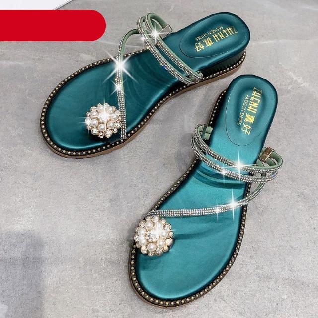 Rhinestones Women Sandals Flip Flops Summer Leather Crystal Slippers Sandals For Women Casual Summer Flat Rhinestone Crystal Sandal Slippers Comfy Beach Shoes Flip Flops