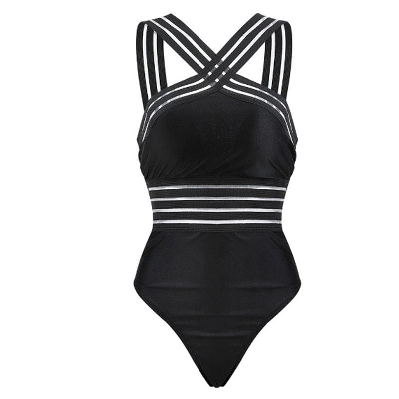 Luxury Women Black Swimsuits Women High Neck One Piece Swimsuits For Women Mesh Bathing Suits Open Back Swimwear One Piece Swimwear For Lady High Neck Bandage Cross Back Swimming Suit Female Holiday Beachwear