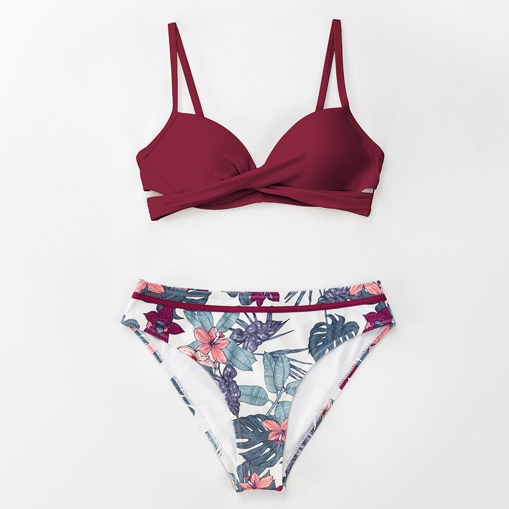 Push Up Floral Bikini Sets Women Two Pieces Swimsuits Women's Bathing Suits Push Up Halter Bandage Bikini Floral Printing Swim Bottoms Two Piece Swimsuits New Girl Beach Bathing Suits Swimwear