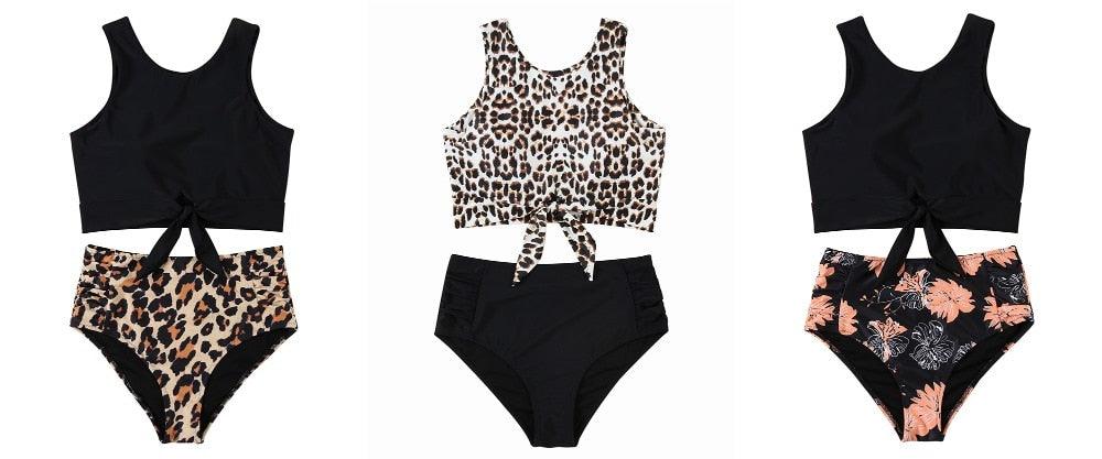 High Waist Bikini Leopard Swimsuit Women Bikini Floral Swimsuit Floral Crop Tie Knot Front High Waist Bikini Set Two Piece Swimsuit For Women Leopard Print High Neck Bikini Push Up Swimwear Summer High Waisted Bathing Suit