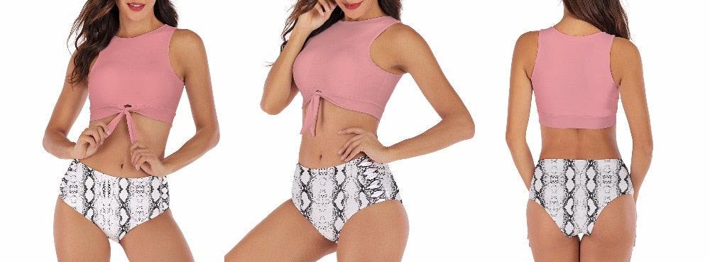 High Waist Bikini Leopard Swimsuit Women Bikini Floral Swimsuit Floral Crop Tie Knot Front High Waist Bikini Set Two Piece Swimsuit For Women Leopard Print High Neck Bikini Push Up Swimwear Summer High Waisted Bathing Suit