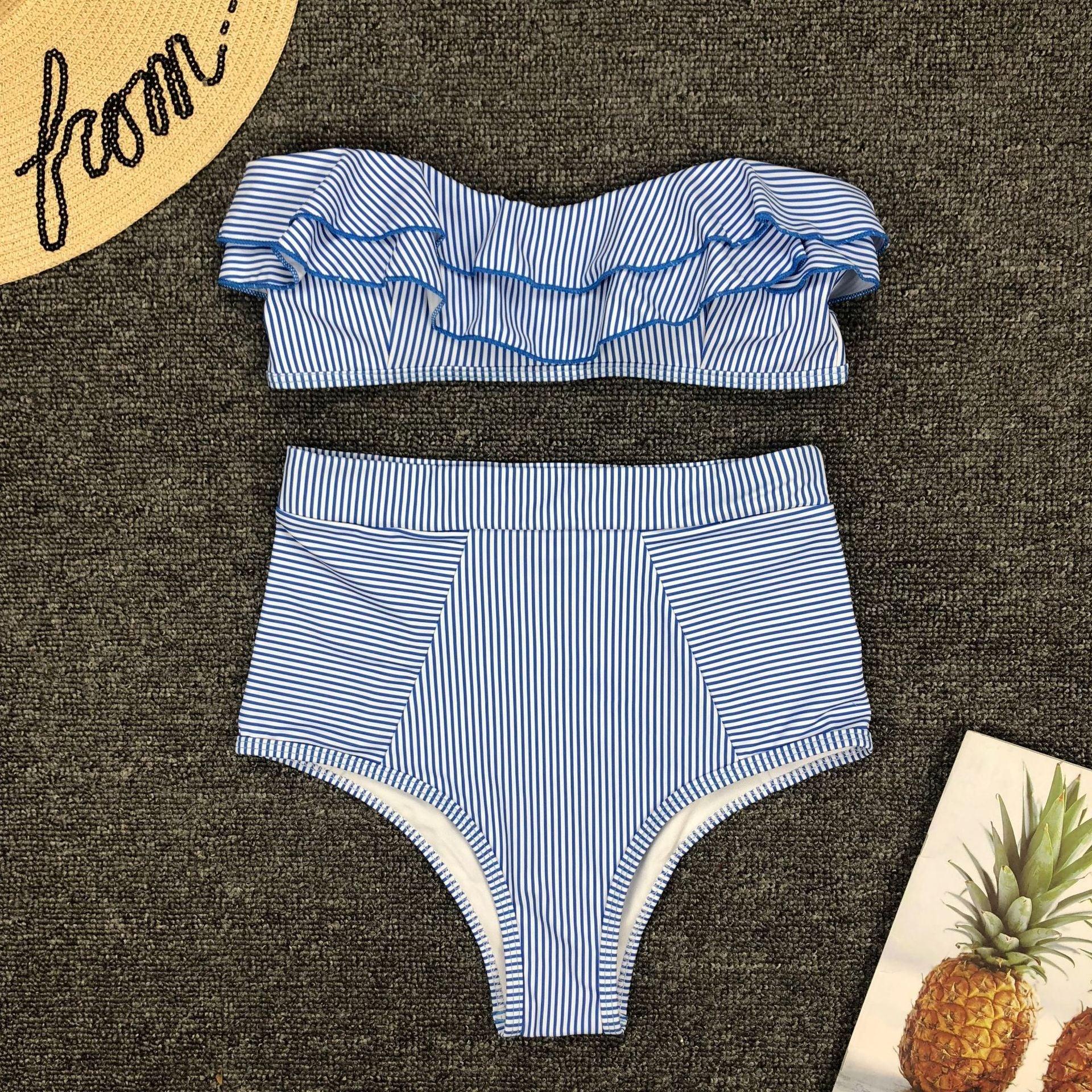 Retro Blue White Striped High Waist Bikini Lady Swimwear Women Swimsuit Female Ruffle Swim Bathing Suit  Piece Vintage High Waist Bikini Set Ruffled Swimsuits For Women Bathing Suits