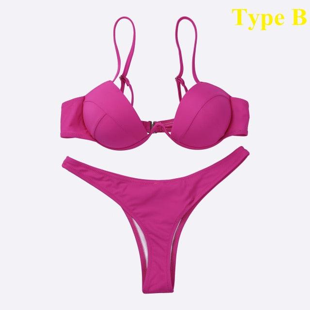 Push Up Unpadded Bikini Set Women 4 Colors Bandage Bikini Set Swimsuit Thong Bottom Swimwear Two Pieces Plain Bikini Bathing Suit Swimwear Bathing