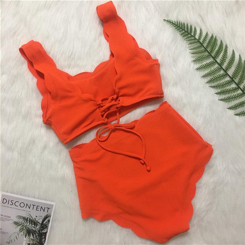 Women Solid Swimwear Female Bathing Suit Scalloped High Waist Bikini Set Two Pieces Women's Solid Color Lace-up High Waist Scoop Collar Padded Bathing Suit