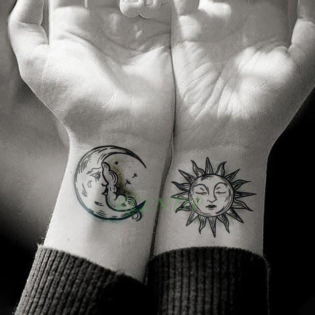 Elegant Waterproof Tattoo Sticker Sun Moon Fake Tatto Fashion Moon Temporary Fun Sun Wave Magic Tatoos For Womens Mens