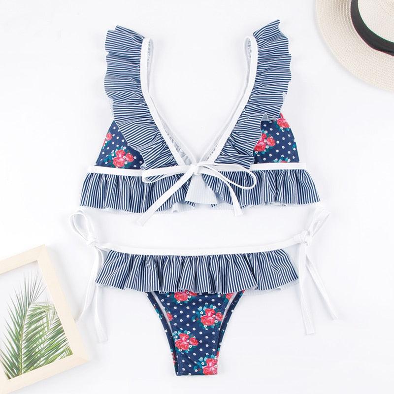 Women Summer Floral Print Swimsuit Modern Bow Swimwear Lace Up Bikini Set Bathing Suit Women Women's Bathing Suit Tie Knot Front Ruffle Bikini Set Two Piece Swimsuit