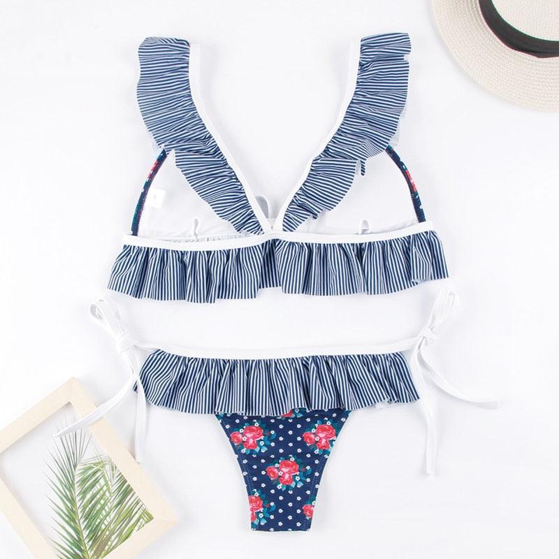 Women Summer Floral Print Swimsuit Modern Bow Swimwear Lace Up Bikini Set Bathing Suit Women Women's Bathing Suit Tie Knot Front Ruffle Bikini Set Two Piece Swimsuit