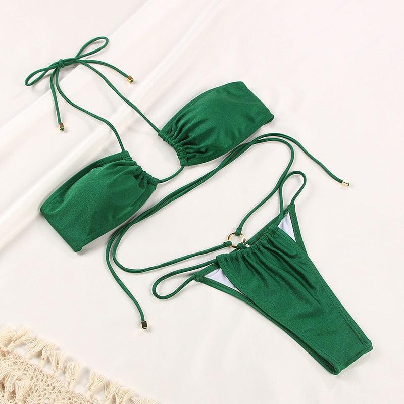 Folds Bikini Swimsuit Push Up Bikini Set Bathing Suit Women Swimwear Thong Bikini Two Pieces Bathing Suit for Women Triangle Top Bottom Solid Color Bikinis Beachwear Swimsuits