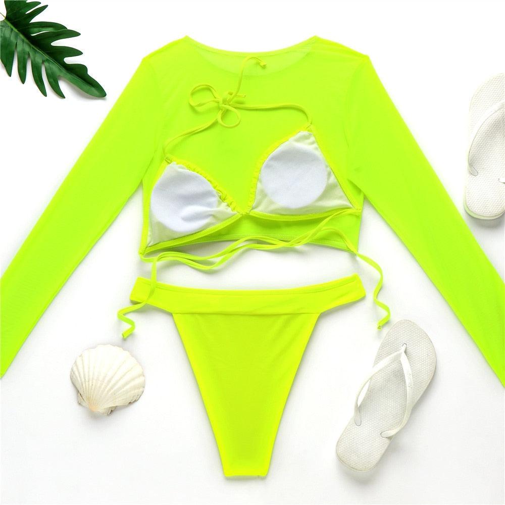 Neon Yellow Crop Top Swimwear Women Summer 3 Pieces Swimsuit Bikini Sets With Sheer Crop Top Cover Up Beachwear Mesh Long Sleeve Cover Ups Top Three Piece Swimsuit Bikini Set