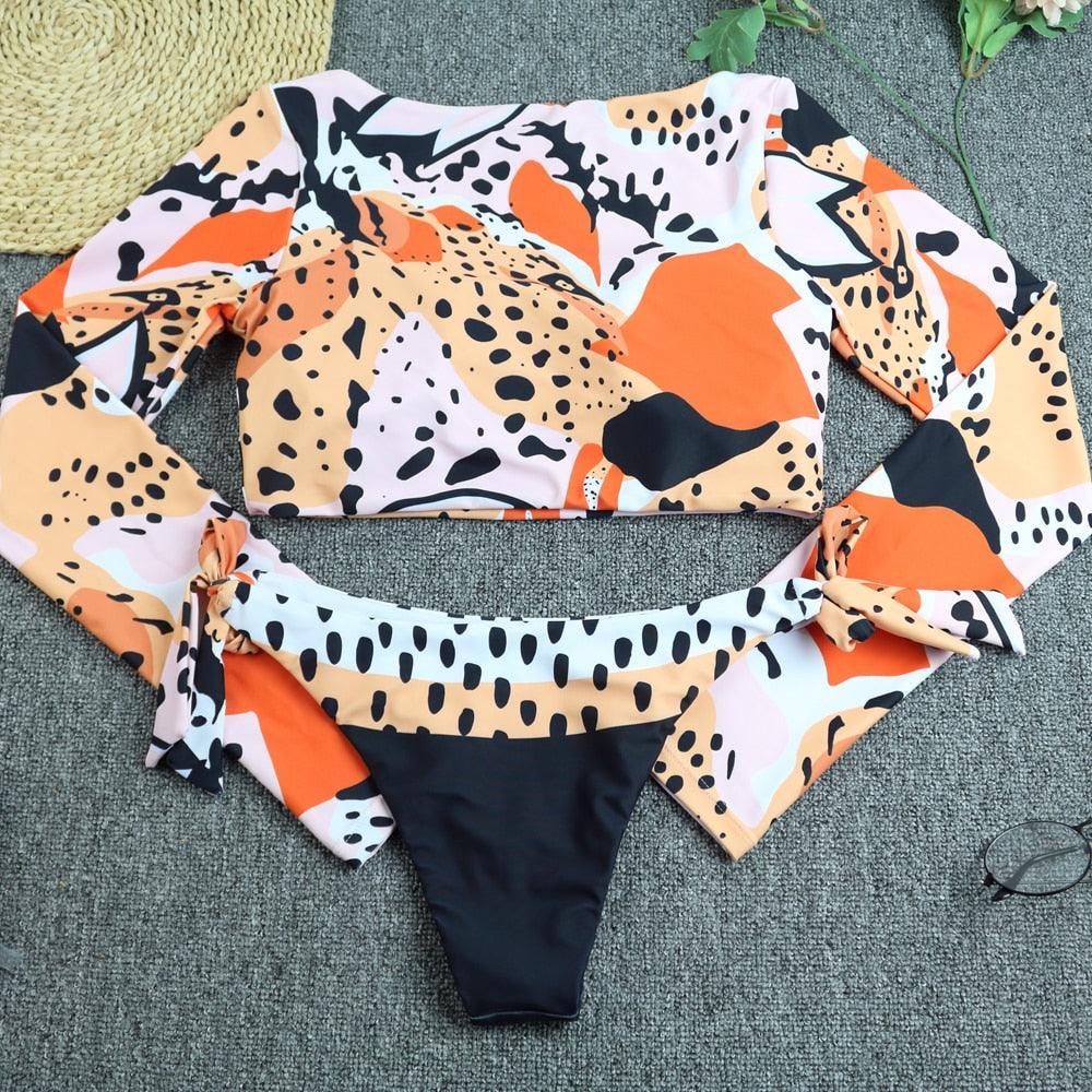 Surfing Swimsuit For Women Bikini Long Sleeve Swimwear Tiger Print Push Up Summer Bath Suit Two Piece Surfing Rash Guard Bikini Long Sleeve Swimsuit Set