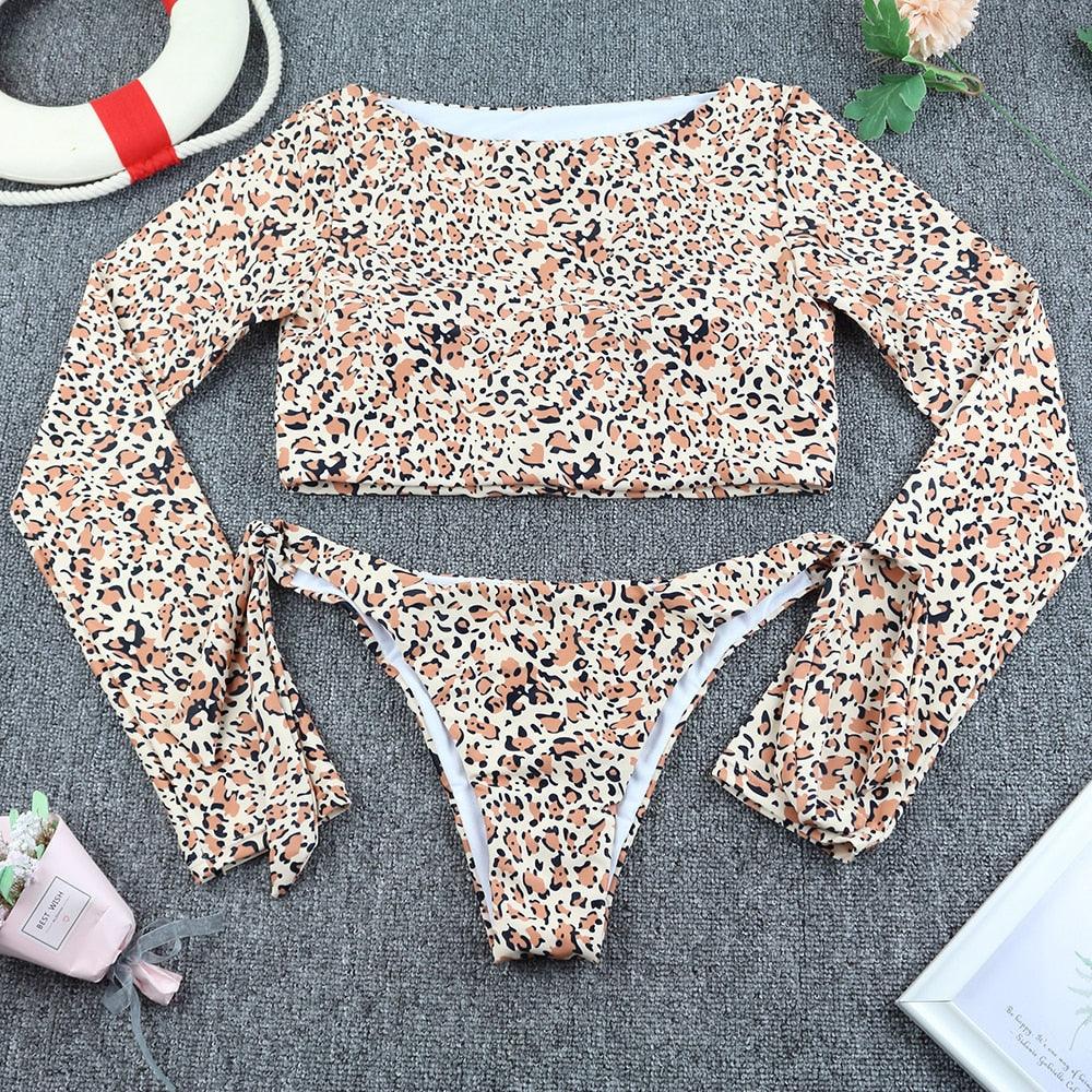 Surfing Swimsuit For Women Bikini Long Sleeve Swimwear Tiger Print Push Up Summer Bath Suit Two Piece Surfing Rash Guard Bikini Long Sleeve Swimsuit Set