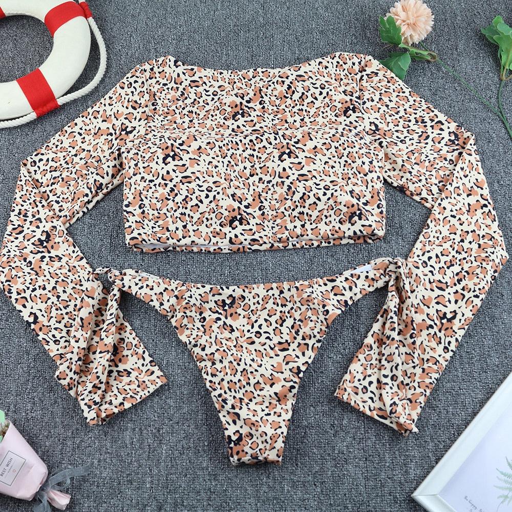 Surfing Swimsuit For Women Bikini Long Sleeve Swimwear Tiger Print Push Up Summer Bath Suit Two Piece Surfing Rash Guard Bikini Long Sleeve Swimsuit Set