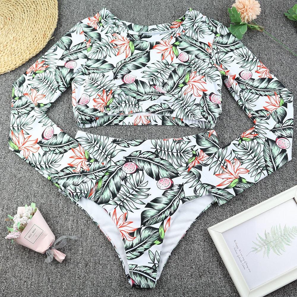 Surfing Swimsuit For Women Bikini Long Sleeve Swimwear Tiger Print Push Up Summer Bath Suit Two Piece Surfing Rash Guard Bikini Long Sleeve Swimsuit Set