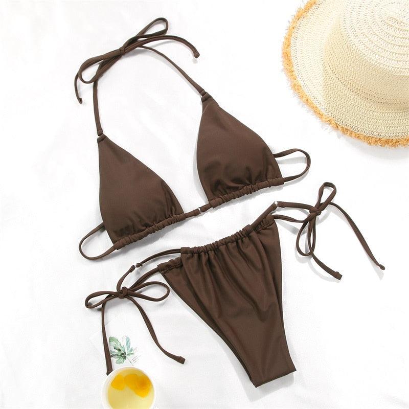 Bikini Swimsuit Solid Color Bikini Set  Swimwear Bathing Suit Women Bikinis String Beach Women Two Piece Bikini Swimsuit Bathing Suits Halter Triangle Tops String Bikini Sets