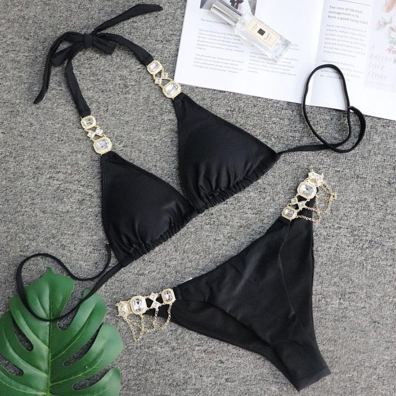 Luxury Purple Halter Crystal Diamond Bikini Female Swimsuit Women Swimwear Rhinestone Bikini Set Bathing Suit Women's Swimwear Rhinestone Halter Low Waist Tie Side Bikini Set 2 Pieces Crystal Diamond Swimsuit