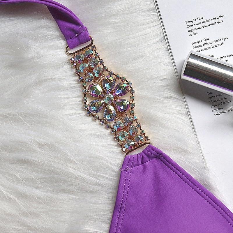 Luxury Purple Halter Crystal Diamond Bikini Female Swimsuit Women Swimwear Rhinestone Bikini Set Bathing Suit Women's Swimwear Rhinestone Halter Low Waist Tie Side Bikini Set 2 Pieces Crystal Diamond Swimsuit