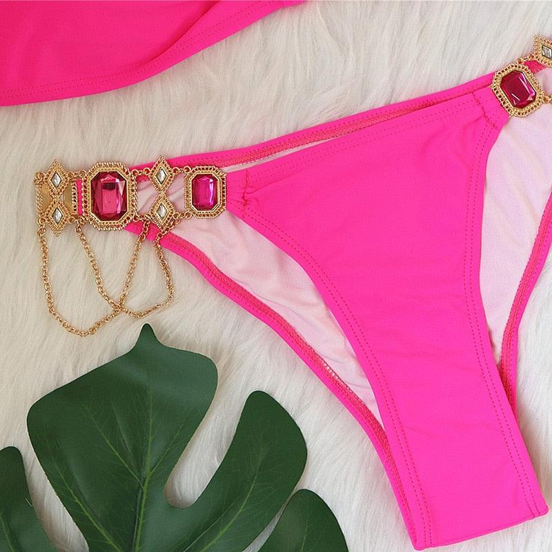 Luxury Purple Halter Crystal Diamond Bikini Female Swimsuit Women Swimwear Rhinestone Bikini Set Bathing Suit Women's Swimwear Rhinestone Halter Low Waist Tie Side Bikini Set 2 Pieces Crystal Diamond Swimsuit