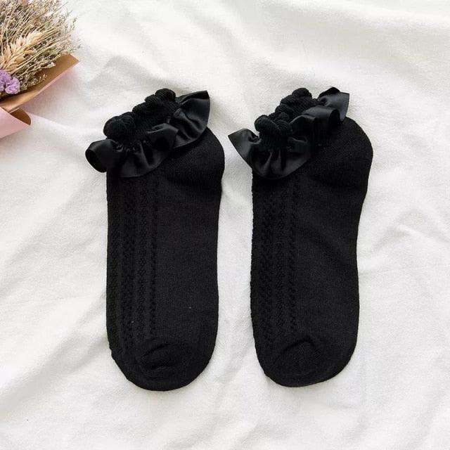 Women Lace Mesh Black White Cotton Socks Japanese Maiden Lovely Short Socks Frilly Ruffle Princess Socks For Women