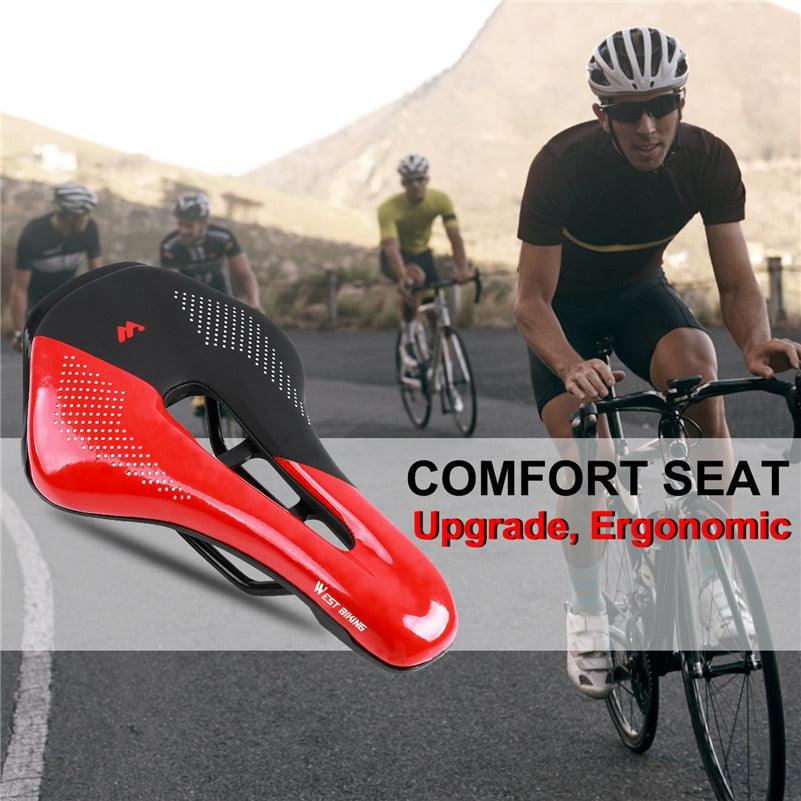 Leather Bike Saddle Road Bike Front Seat Cycling Saddles For Mens Breathable Hollow Cushion Bicycle Saddle Comfort Bike Saddle Ergonomic Waterproof Bicycle Seat For Road Bike Mountain Bike Seats