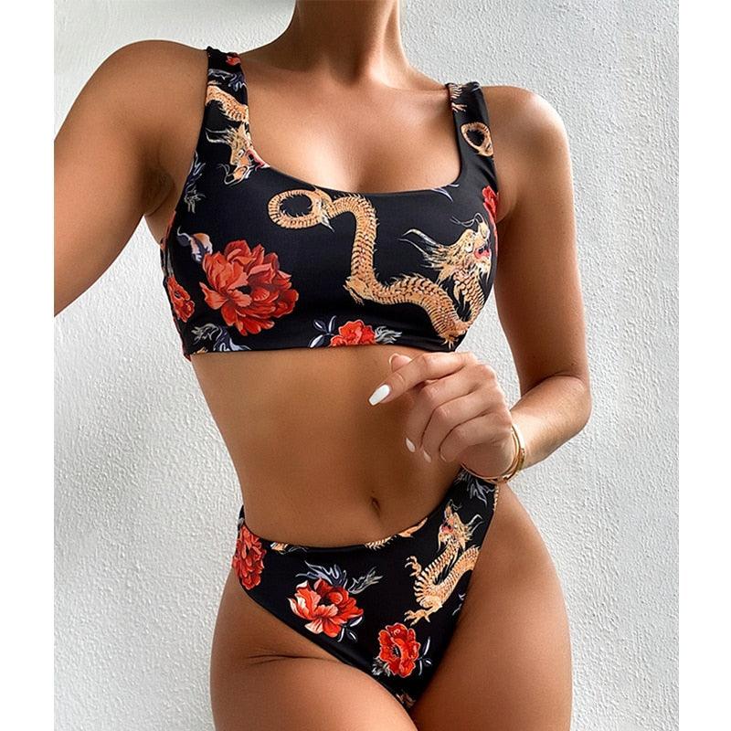 Modern Blue High Waist Bikini Push Up Swimwear Women Dragon Printed Bikini Set Retro Swimsuit Women's High Waist Bikini Swimsuits Twist Push Up Two Piece Bathing Suits Tummy Control Swimwear