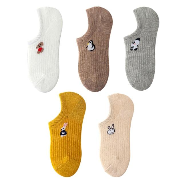 5 Pairs Kawaii Cute Animal Print Socks Set Invisible Happy Fashion Ankle Funny Socks Set Girl Cotton Summer Silicone Non-slip Boat Socks Ankle Socks For Men And Women