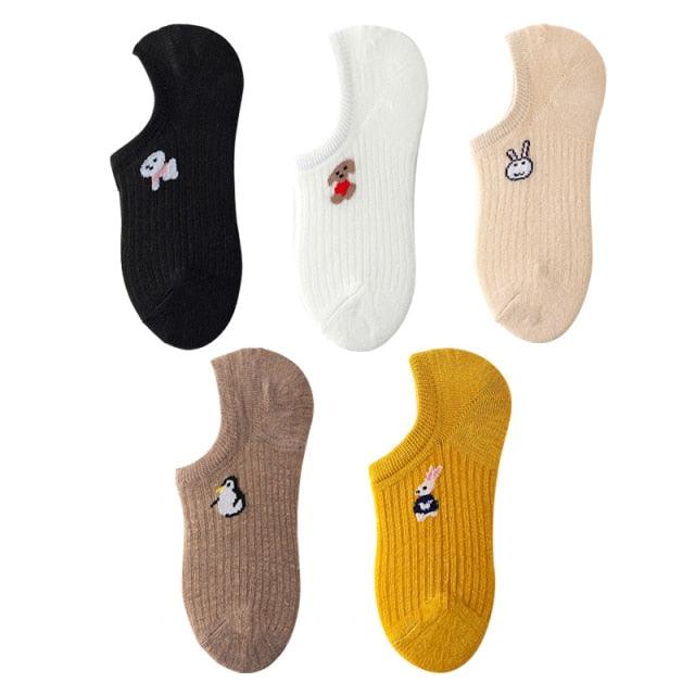 5 Pairs Kawaii Cute Animal Print Socks Set Invisible Happy Fashion Ankle Funny Socks Set Girl Cotton Summer Silicone Non-slip Boat Socks Ankle Socks For Men And Women