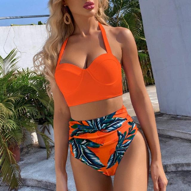 High Waist Bikini Leaf Print Swimsuit Women Push Up Swimwear Female Halter Bathing Suit Vintage Swimming Suit Women Vintage Underwire High Waist Swimsuit Two Pieces Halter Lace Up Adjustable Bikini Top