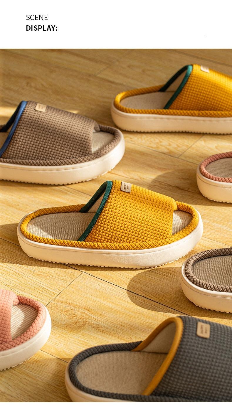 Spring Home Cotton Slippers All Season Flip Flops EVA Hemp Indoor Women Couples Men Thick Sole Non-Slip Bath Shower Shoes Platform Slides Quick Dry Slippers Thick Massage Shoes