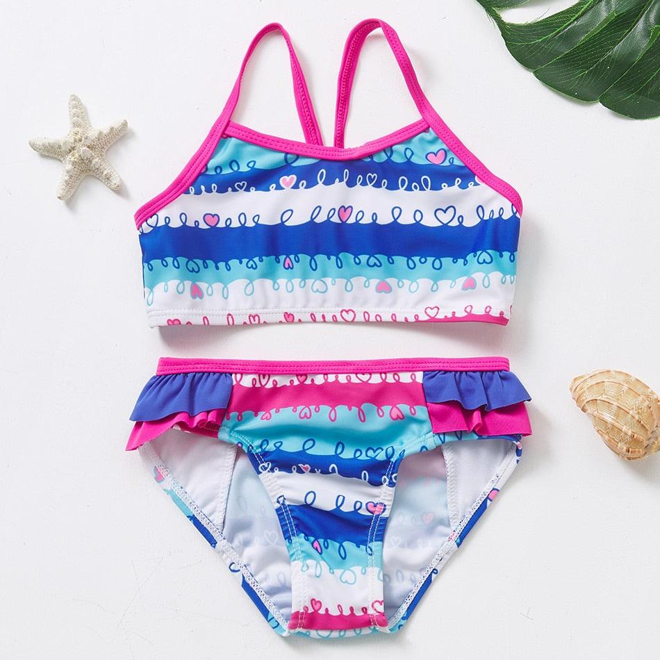 Two Piece Girls Swimsuit Rainbow Children's Swimwear Two Piece Bathing Suit 2-12 Years Swimsuit Pieces Bathing Suits With Ruffles Hollowed Flounce Bikini With Adjustable Straps For Girls