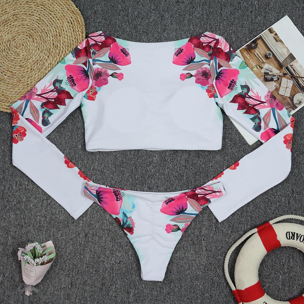 Surfing Swimsuit For Women Bikini Long Sleeve Swimwear Tiger Print Push Up Summer Bath Suit Two Piece Surfing Rash Guard Bikini Long Sleeve Swimsuit Set