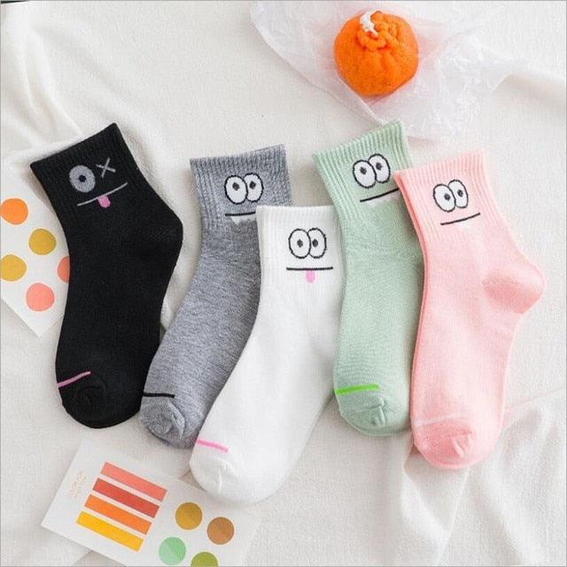 5 Pairs Fashion Unisex Cute Cartoon face Patterned Long Socks Soft Breathable Cotton Material Sport Summer Warm Winter Funny Harajuku Socks For Men And Women