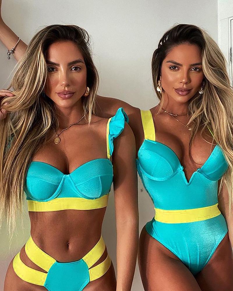 Women's Swimsuits Swimwear Patchwork Bikini Woman Push up Bikinis Swimsuit Bathing Suits Women Rave Neon Patchwork Bikini Swimsuit 2 Piece Cutout Molded Push Up Bathing Suit