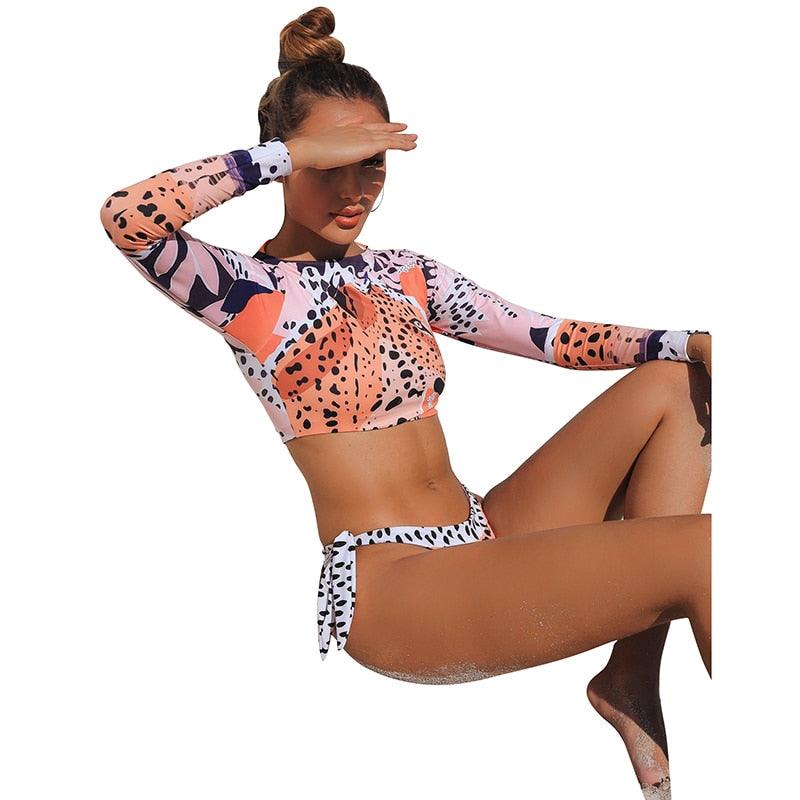 Surfing Swimsuit For Women Bikini Long Sleeve Swimwear Tiger Print Push Up Summer Bath Suit Two Piece Surfing Rash Guard Bikini Long Sleeve Swimsuit Set