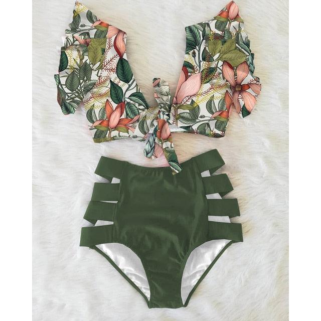 High Waist Bikini Ruffle Swimwear Women Print Swimsuit Push Up Bikinis Plus Size Bathing Suits Floral Beach Wear Bikini Swimsuits for Teen Girls