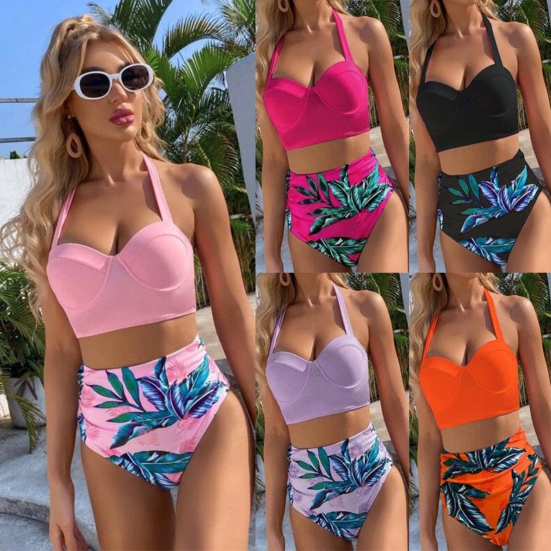 High Waist Bikini Leaf Print Swimsuit Women Push Up Swimwear Female Halter Bathing Suit Vintage Swimming Suit Women Vintage Underwire High Waist Swimsuit Two Pieces Halter Lace Up Adjustable Bikini Top