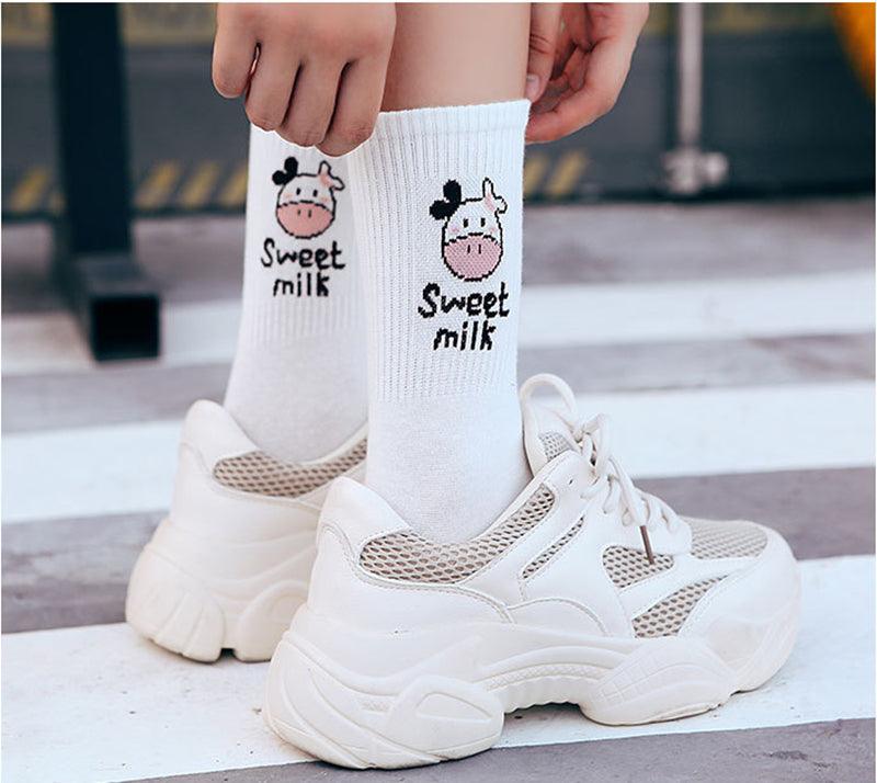 Black And White Embroidery Female Tide Socks Shallow Mouth Summer Cartoon Cow Cute Fashion Boat Socks Unisex Men And Women Cotton Ankle Socks