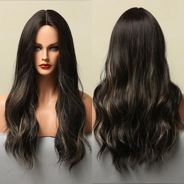 Dark Black Natural Long Wave Synthetic Hair Wigs Middle Part Heat Resistant Wigs for Afro American Women Daily Cosplay Party Use Wigs For Black Women Cosplay Wigs For Women