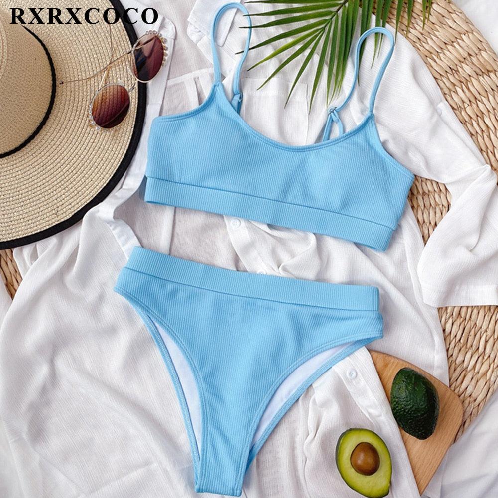 Swimwear Women Ribbed Bathing Suit Female Push Up Bikini Set Women's Bathing Suit Lace up Bikini Ribbed Two Piece Swimsuit Beachwear High Waist Bikini Women's Swimsuit