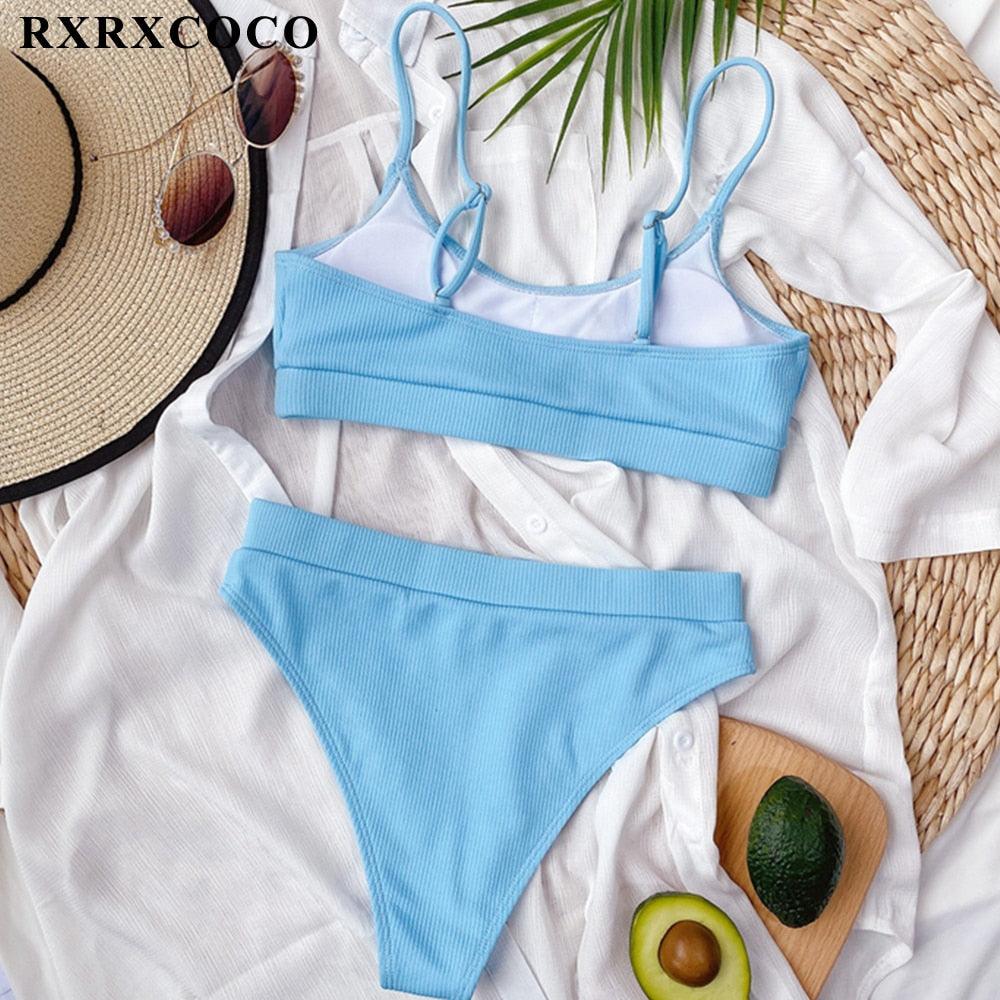 Swimwear Women Ribbed Bathing Suit Female Push Up Bikini Set Women's Bathing Suit Lace up Bikini Ribbed Two Piece Swimsuit Beachwear High Waist Bikini Women's Swimsuit