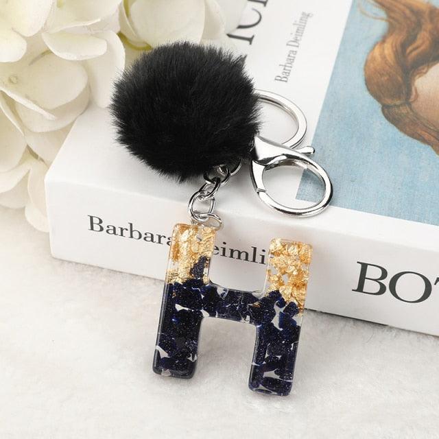 Luxury Black Pompom English Alphabet Letter Keychain Rhinestone Keyring with Artificial Fur Pompom Ball Women Girls Shiny Crystal Key Ring Letter Keyring Glitter Gradient Resin Car Mirror Accessory Women Handbag Charms