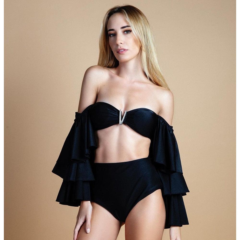 Long Sleeve Bikini Women's Two Piece Swimsuit Bikini  Bathing Suit Print Swimsuit High Waist Swimwear Women Bikinis Mesh Sleeves Swim Suit Plus Size Bathing Suit Sun Protection Bathing Suit